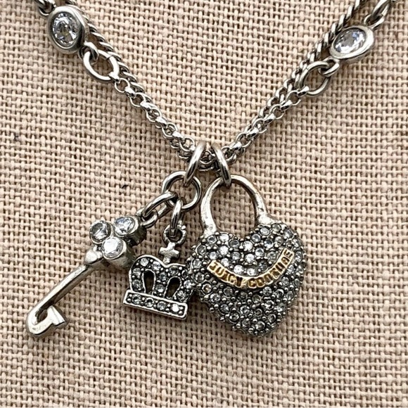 Juicy Couture Jewelry - Vintage Juicy Couture Crystal Pave Heart w/Banner & J Crown Charm Necklace